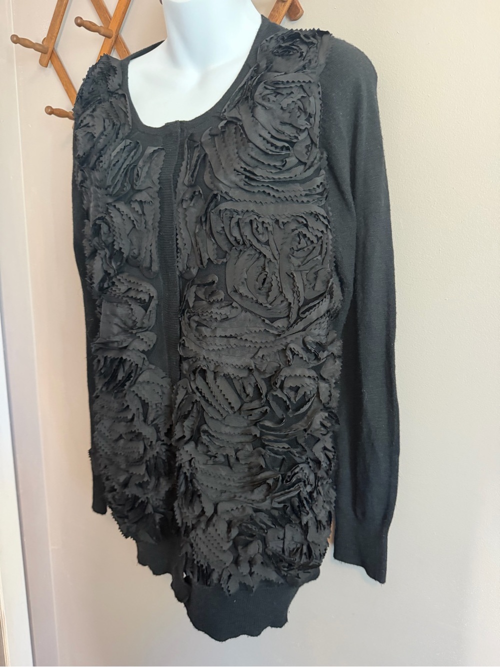 Champagne & Strawberry Black Rosette Ribbon Knit Cardigan Sweater M